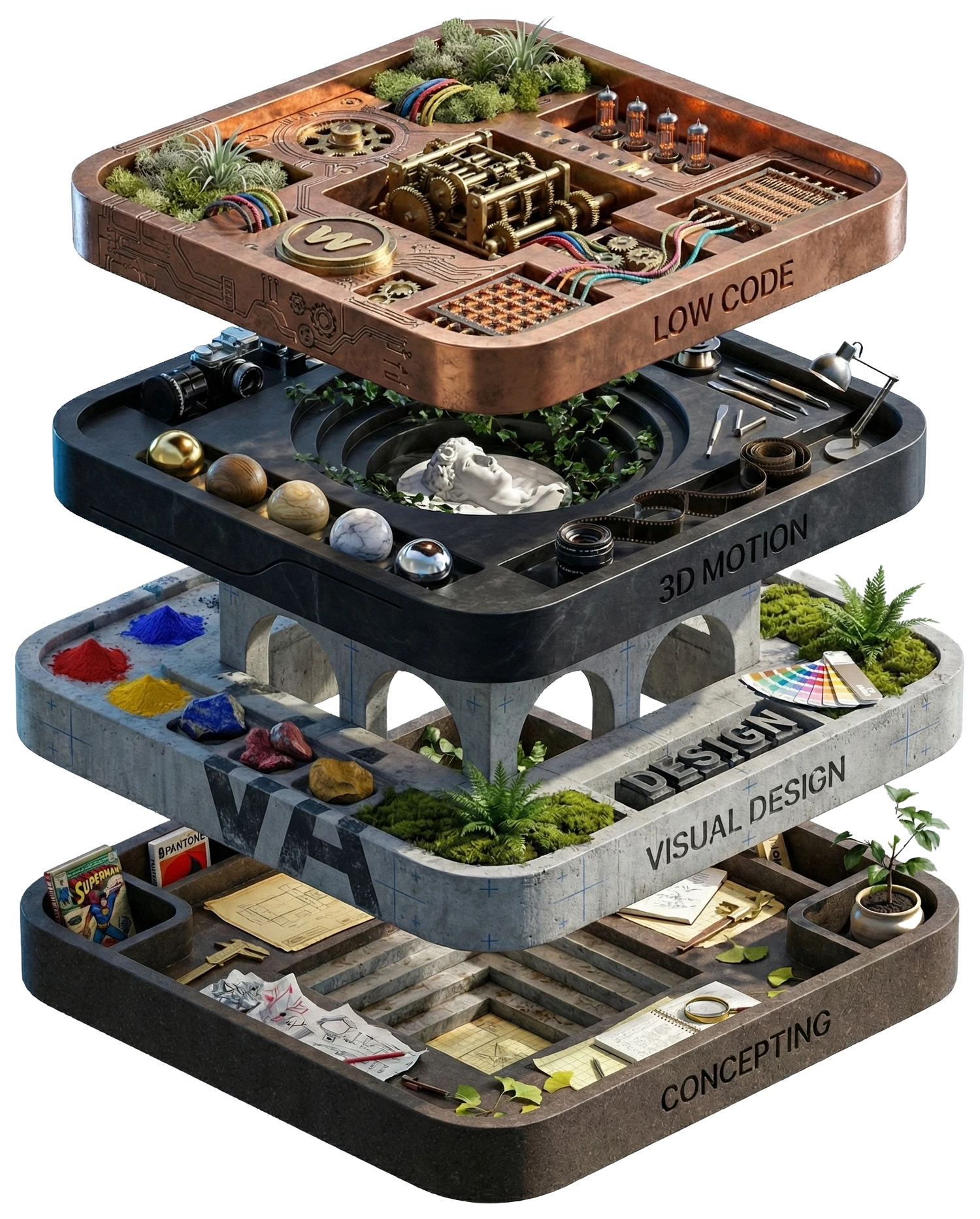 De Vormula-stack: concepting, visual design, 3D motion en low code als vier gestapelde lagen